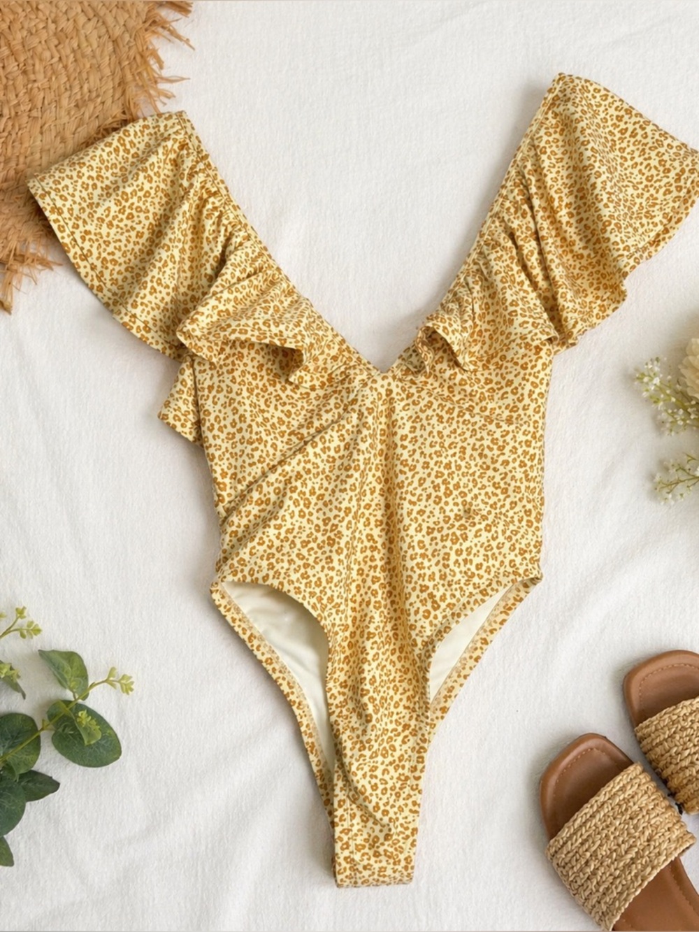 Tularosa Leopard One Piece Ruffle Plunge High Cut Swimsuit S Sexy Revolve